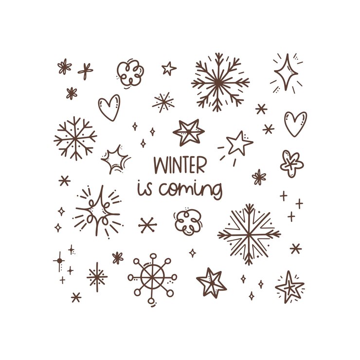 Vector esquema de navidad conjunto de garabatos colección de año nuevo dibujado a mano copos de nieve estrellas corazones letras