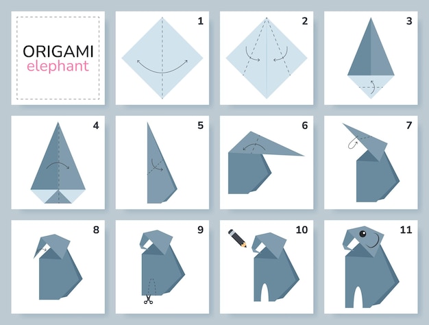 Esquema de origami tutorial con elementos de origami aislados de elefantes sobre un fondo gris Origami para niños