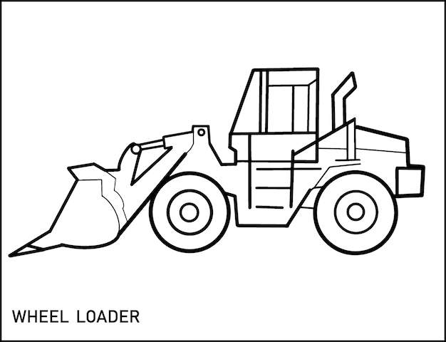 Esquema de página para colorear de cargadora de ruedas de dibujos animados Vehículos de construcción Libro para colorear para niños
