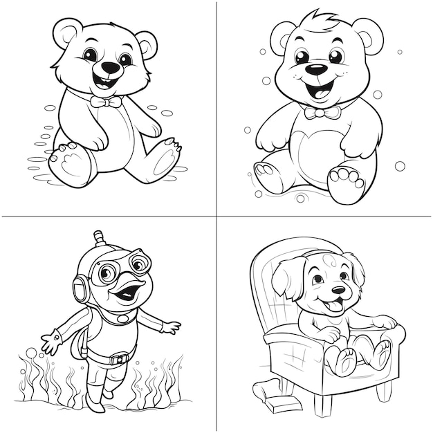 Esquema de página para colorear Ilustración de animales en blanco y negro para colorear libro para colorear para niños