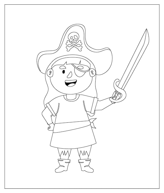 Esquema de página para colorear de pirata de dibujos animados con espada Libro para colorear para niños Imagen vectorial para fiesta pirata divertida para niños