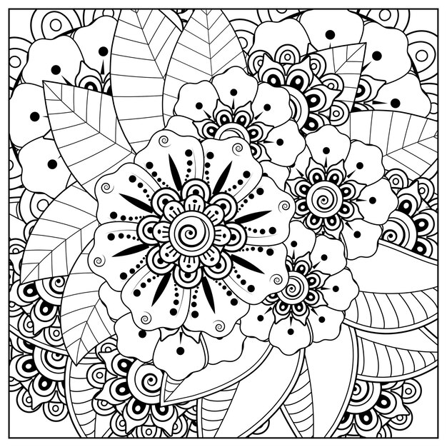 Esquema de patrón de flor cuadrada en estilo mehndi para colorear adorno de doodle de página de libro en ilustración de dibujo a mano blanco y negro