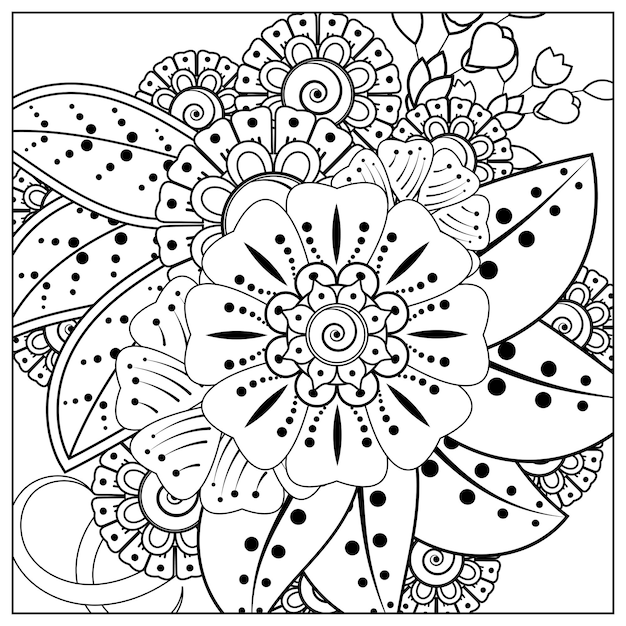 Esquema de patrón de flor cuadrada en estilo mehndi para colorear adorno de doodle de página de libro en ilustración de dibujo a mano blanco y negro