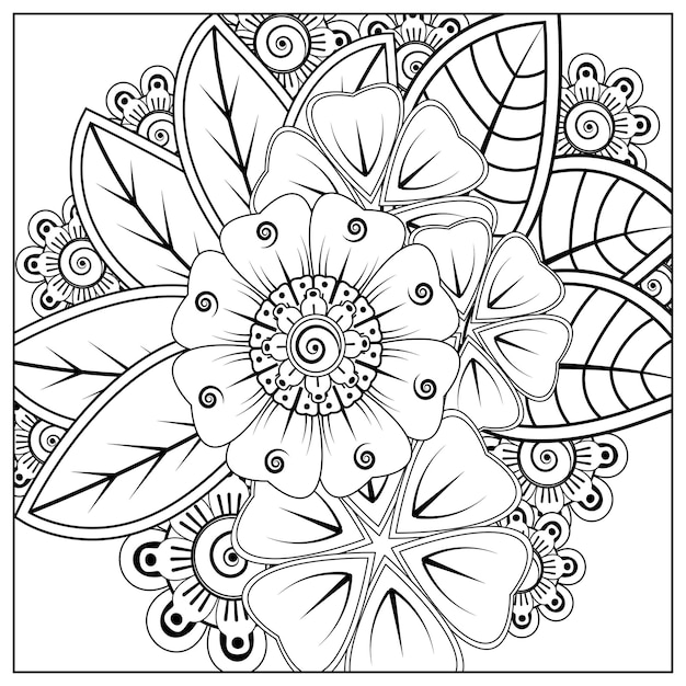Esquema de patrón de flor cuadrada en estilo mehndi para colorear adorno de doodle de página de libro en ilustración de dibujo a mano blanco y negro