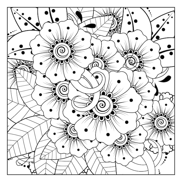 Esquema de patrón de flor cuadrada en estilo mehndi para colorear adorno de doodle de página de libro en ilustración de dibujo a mano en blanco y negro