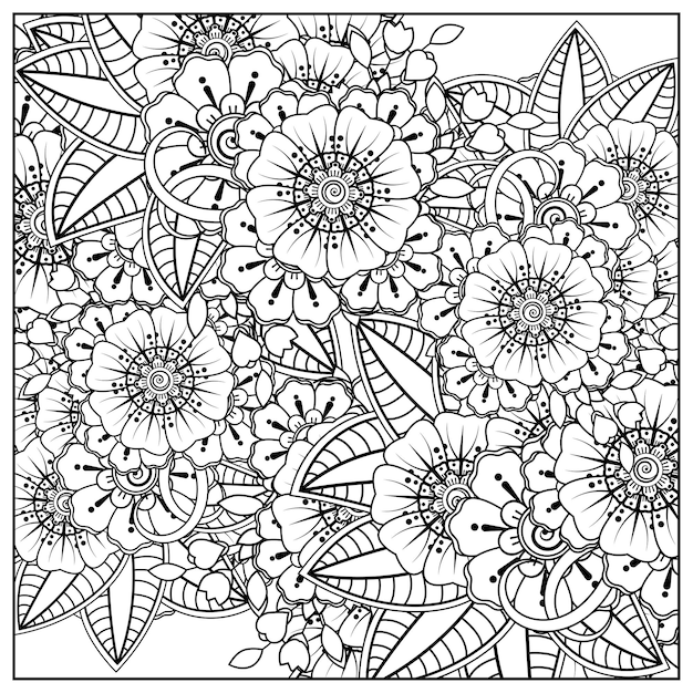 Esquema de patrón de flor cuadrada en estilo mehndi para colorear adorno de doodle de página de libro en ilustración de dibujo a mano blanco y negro