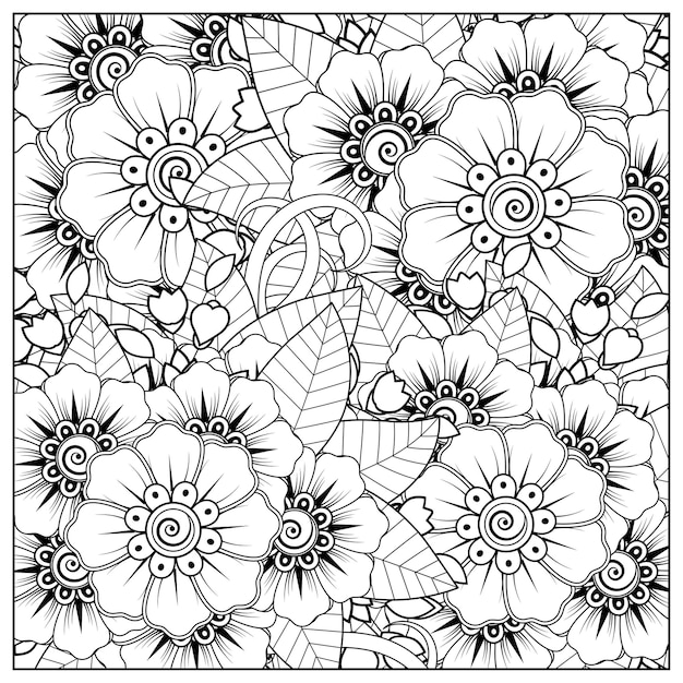 Esquema de patrón de flor cuadrada en estilo mehndi para colorear adorno de doodle de página de libro en ilustración de dibujo a mano blanco y negro
