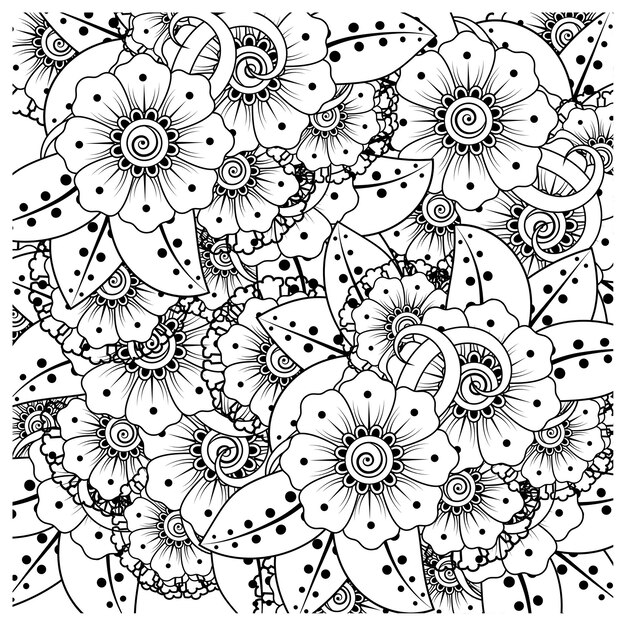 Esquema de patrón de flor cuadrada en estilo mehndi para colorear adorno de doodle de página de libro en ilustración de dibujo a mano en blanco y negro