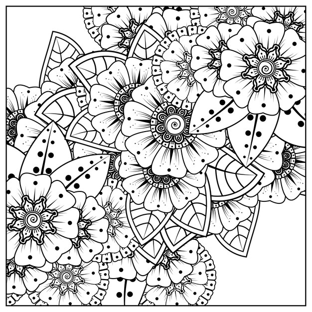 Esquema de patrón de flor cuadrada en estilo mehndi para colorear adorno de doodle de página de libro en ilustración de dibujo a mano blanco y negro