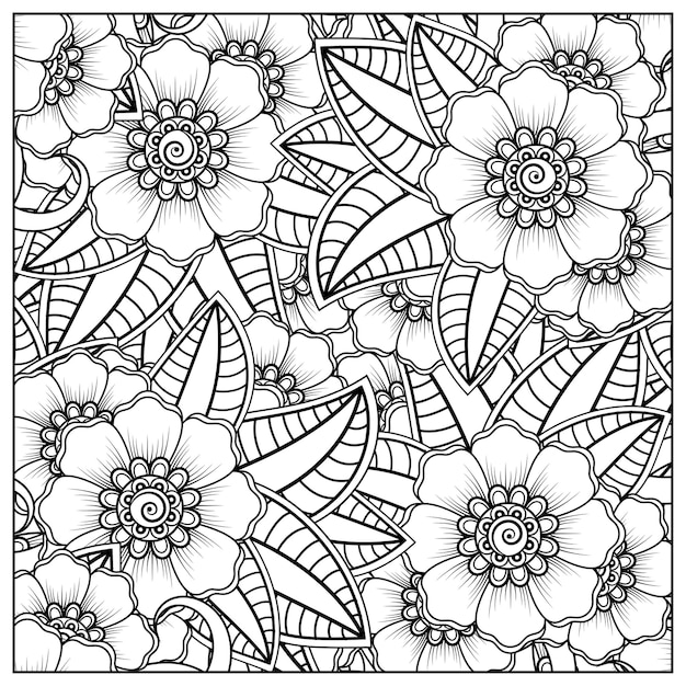 Esquema de patrón de flor cuadrada en estilo mehndi para colorear adorno de doodle de página de libro en ilustración de dibujo a mano blanco y negro