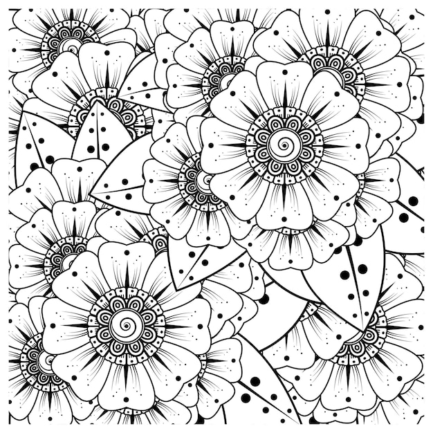 Esquema de patrón de flor cuadrada en estilo mehndi para colorear adorno de doodle de página de libro en ilustración de dibujo a mano blanco y negro