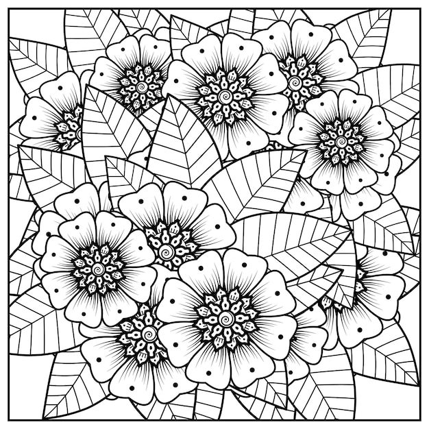 Esquema de patrón de flor cuadrada en estilo mehndi para colorear adorno de doodle de página de libro en ilustración de dibujo a mano en blanco y negro