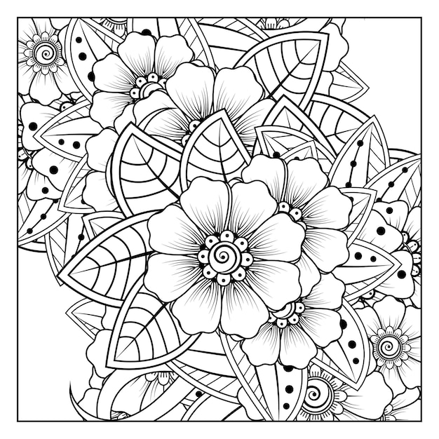 Esquema de patrón de flor cuadrada en estilo mehndi para colorear adorno de doodle de página de libro