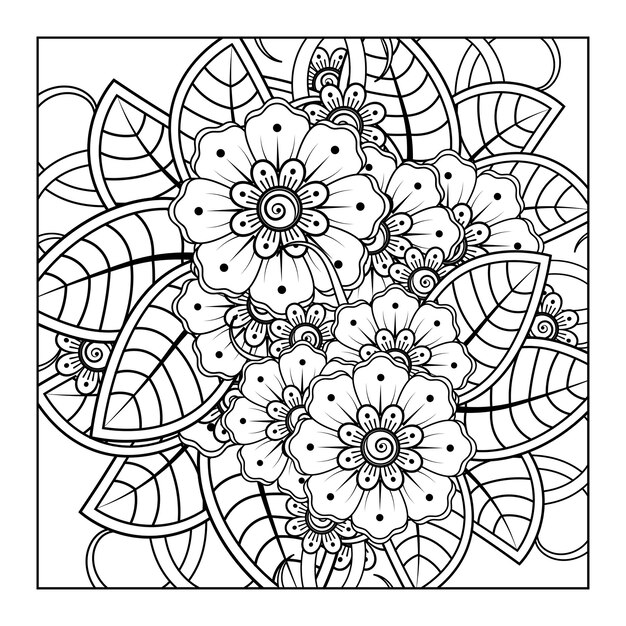 Esquema de patrón de flor cuadrada en estilo mehndi para colorear adorno de doodle de página de libro