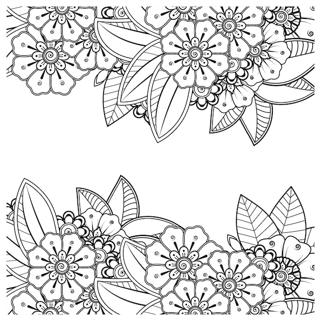 Esquema de patrón de flor cuadrada en estilo mehndi para colorear página de libro