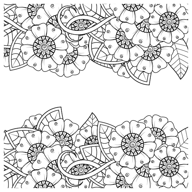 Esquema de patrón de flor cuadrada en estilo mehndi para colorear página de libro