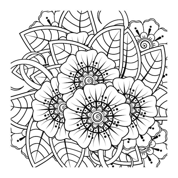 Esquema de patrón de flor cuadrada en estilo mehndi para colorear página de libro