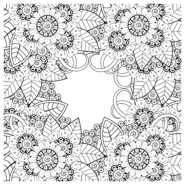 Esquema de patrón de flor cuadrada en estilo mehndi para colorear página de libro