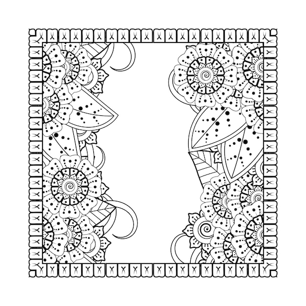 Esquema de patrón de flor cuadrada en estilo mehndi para colorear página de libro
