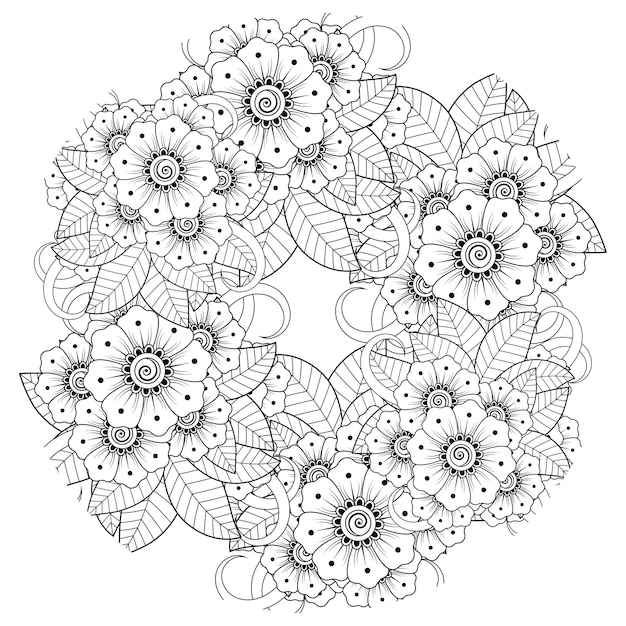 Esquema de patrón de flor redonda en estilo mehndi para colorear adorno de doodle de página de libro en ilustración de dibujo a mano en blanco y negro