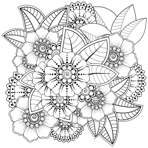 Esquema de patrón floral cuadrado en estilo mehndi. adorno de doodle en blanco y negro. mano dibujar ilustración.