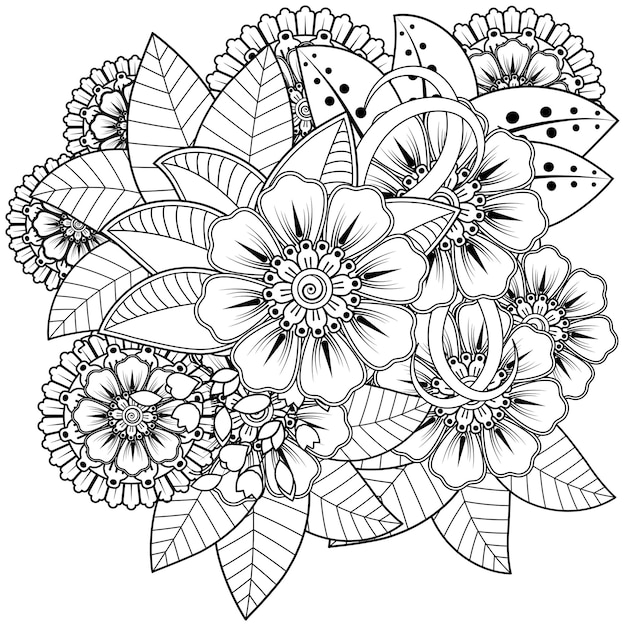 Esquema de patrón floral cuadrado en estilo mehndi. adorno de doodle en blanco y negro. mano dibujar ilustración.