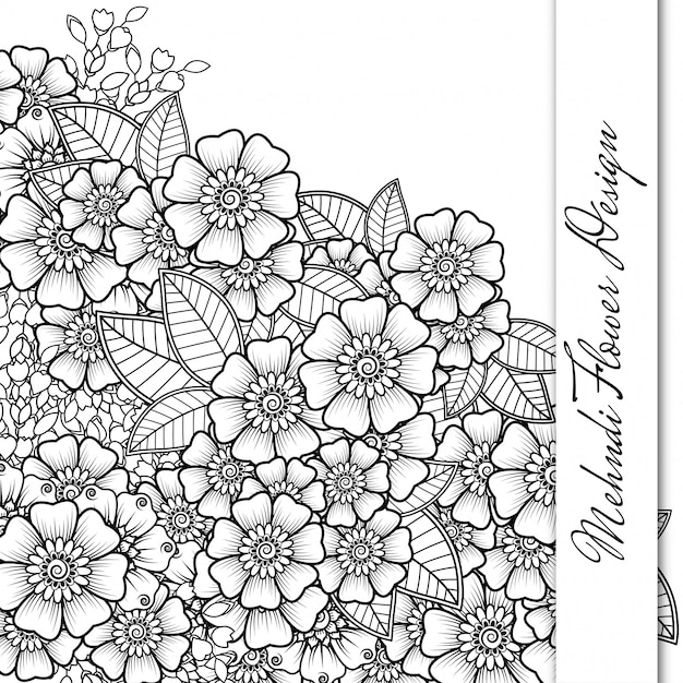 Esquema patrón floral cuadrado en estilo mehndi. Doodle de adorno en blanco y negro. ilustración de dibujar a mano