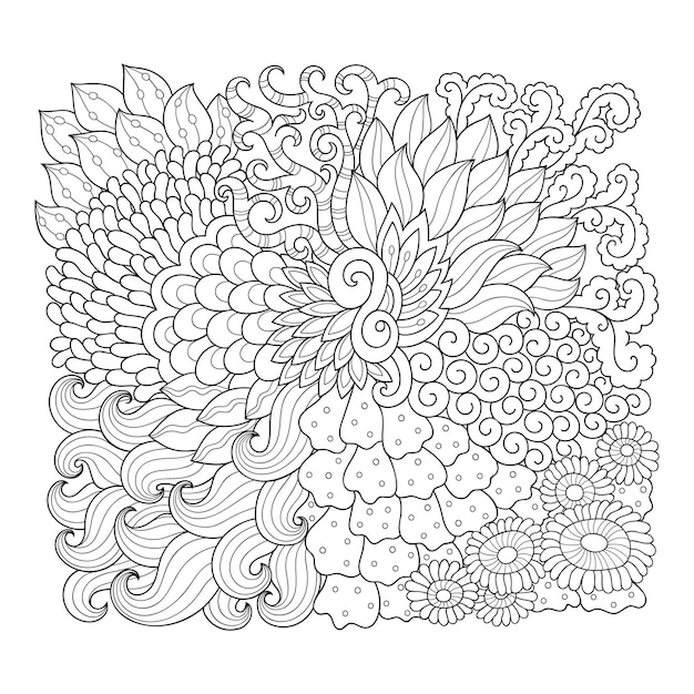 Esquema de patrón de flores cuadradas en estilo mehndi para colorear página de libro antiestrés para adultos y niños adorno de garabato en blanco y negro dibujo a mano ilustración vectorial