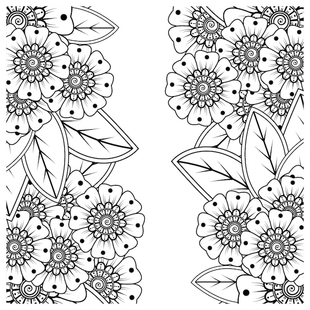 Esquema de patrón de flores cuadradas en estilo mehndi para colorear página de libro