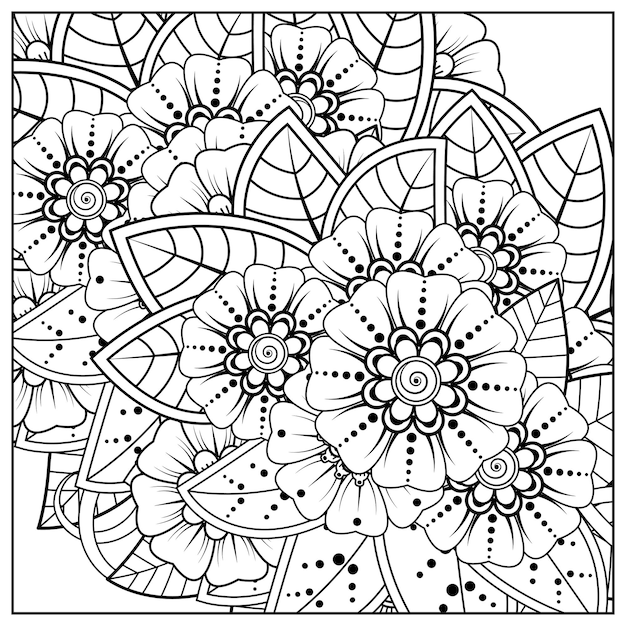 Esquema de patrón de flores cuadradas en estilo mehndi para colorear página de libro