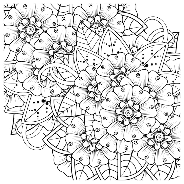 Esquema de patrón de flores cuadradas en estilo mehndi para colorear página de libro