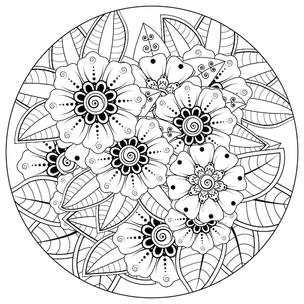 Esquema de patrón de flores redondas en estilo mehndi para colorear adorno de doodle de página de libro en ilustración de dibujo a mano en blanco y negro