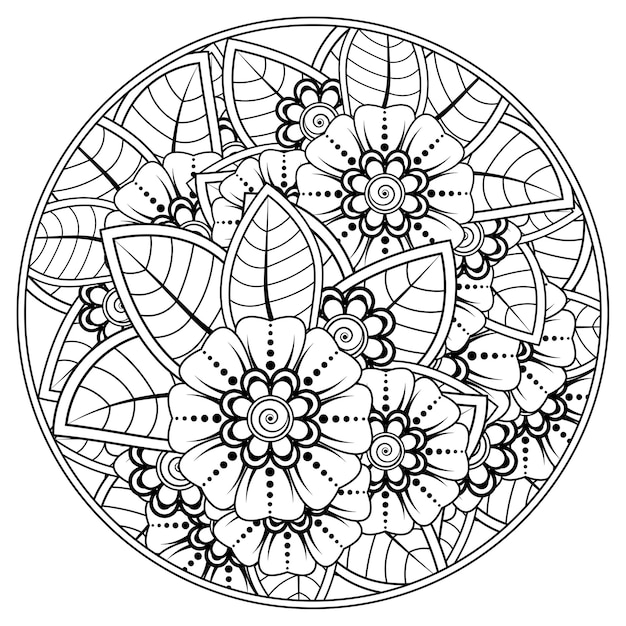Esquema de patrón de flores redondas en estilo mehndi para colorear adorno de doodle de página de libro en ilustración de dibujo a mano en blanco y negro