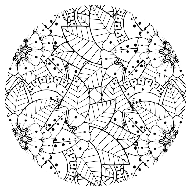 Esquema de patrón de flores redondas en estilo mehndi para colorear adorno de doodle de página de libro en ilustración de dibujo a mano en blanco y negro