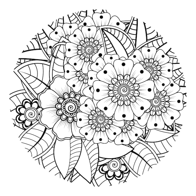 Esquema de patrón de flores redondas en estilo mehndi para colorear adorno de doodle de página de libro en ilustración de dibujo a mano en blanco y negro