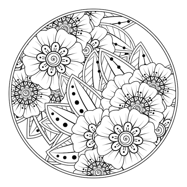 Esquema de patrón de flores redondas en estilo mehndi para colorear adorno de doodle de página de libro en ilustración de dibujo a mano en blanco y negro