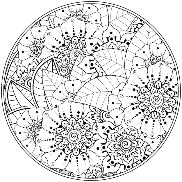 Esquema de patrón de flores redondas en estilo mehndi para colorear adorno de doodle de página de libro en ilustración de dibujo a mano en blanco y negro