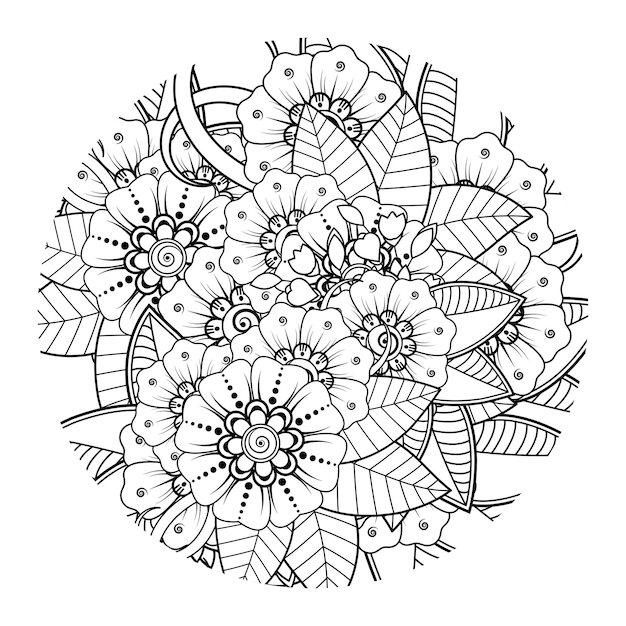 Esquema de patrón de flores redondas en estilo mehndi para colorear adorno de doodle de página de libro en ilustración de dibujo a mano en blanco y negro