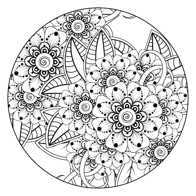 Esquema de patrón de flores redondas en estilo mehndi para colorear página de libro