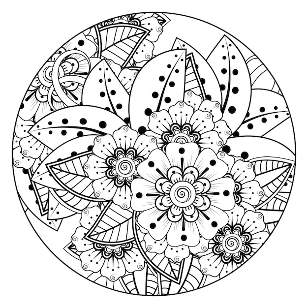 Esquema de patrón de flores redondas en estilo mehndi para colorear página de libro
