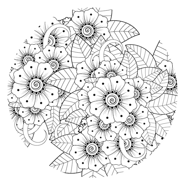 Esquema de patrón de flores redondas en estilo mehndi para colorear página de libro