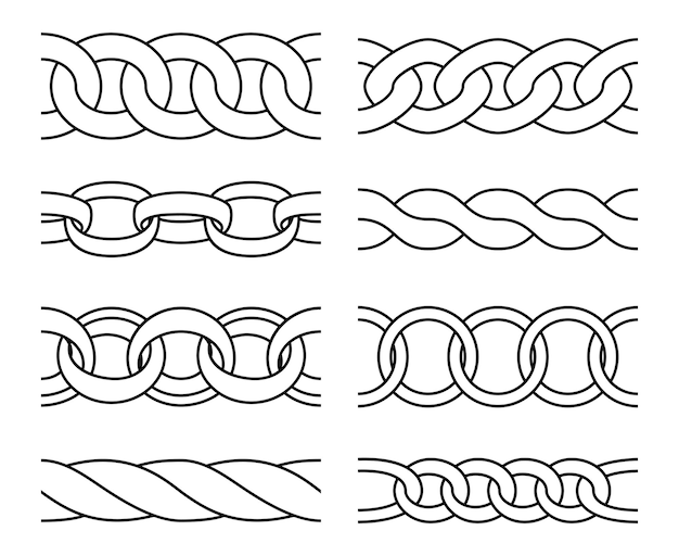 Esquema de patrones de cadena. cadenas de metales pesados enlazan adornos de líneas de patrones sin fisuras, dibujando bordes de hierro aislados