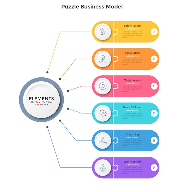 Esquema con seis elementos de rompecabezas conectados al círculo principal. Concepto de 6 características de la estrategia empresarial. Plantilla de diseño de infografía simple. Ilustración de vector para visualización de información.