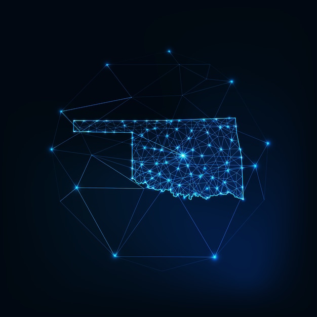 Esquema de silueta brillante de mapa de estados unidos del estado de oklahoma hecho de estrellas líneas puntos triángulos, formas poligonales bajas. comunicación, concepto de tecnologías de internet. estructura metálica futurista