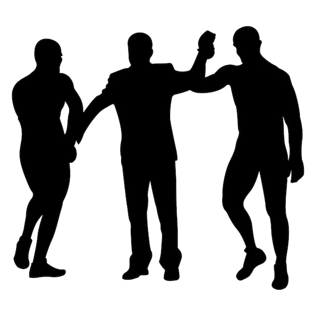 Esquema de silueta de un entrenador deportivo y luchadores para determinar el ganador de la lucha grecorromana