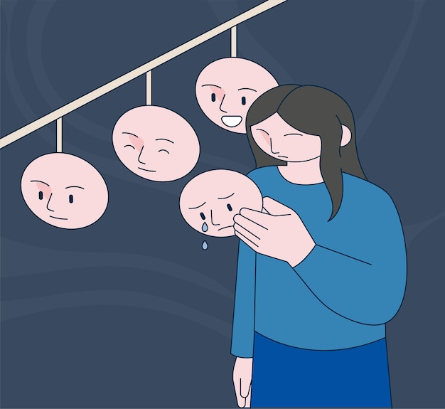 Esquema simple ilustración vectorial Una mujer está eligiendo una de varias máscaras emocionales