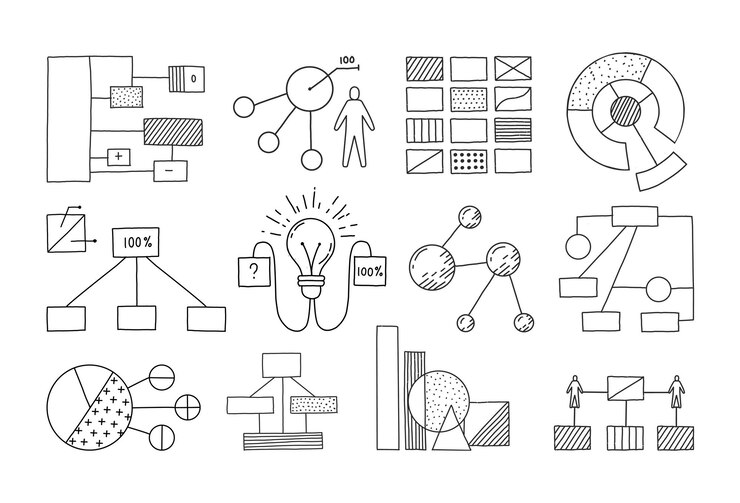 Vector esquemas de bloques de garabatos boceto dibujado a mano de gráficos y barras de infografía empresarial visualización de datos gráficos de líneas con formas geométricas y flechas conjunto de plantillas de presentación vectoriales en blanco y negro