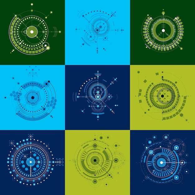 Esquemas mecánicos. conjunto de dibujos de ingeniería vectorial con círculos y partes geométricas del mecanismo. el plan técnico se puede utilizar en diseño web y como fondo de pantalla.