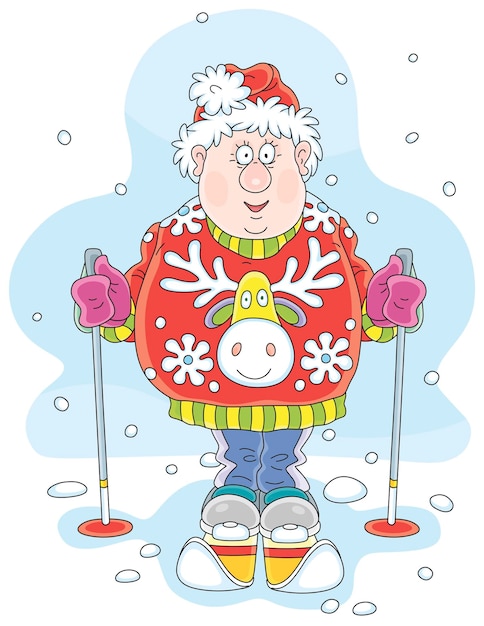 Esquiador deportista divertido con un sombrero de papá noel y un colorido suéter navideño con sus esquís y bastones