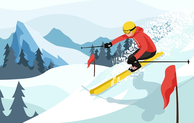 Esquiador deslizándose en la ladera de las montañas Actividades de competencia de deportes de invierno en esquís en los Alpes nevados Esquí extremo en la estación de esquí Paisaje cruzado del país con banderas de slalom en el fondo Ilustración vectorial